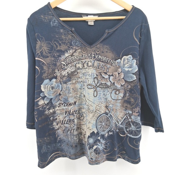 CJ Banks Plus Size X Embellished Graphic Top Bicycle Roses Rhinestones USA Made - Picture 1 of 12